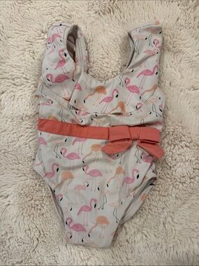 Janie and Jack Cream One-Piece with Pink Flamingo Print and Coral Bow